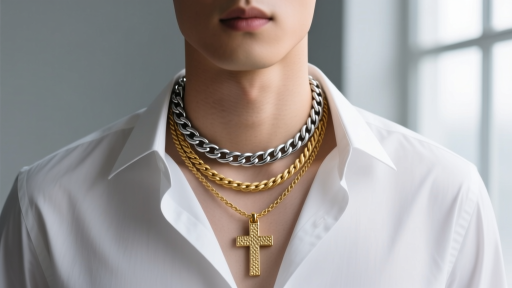 Layered necklace setup on a man featuring an 18-inch silver figaro chain and a 22-inch gold rope chain with a small cross pendant