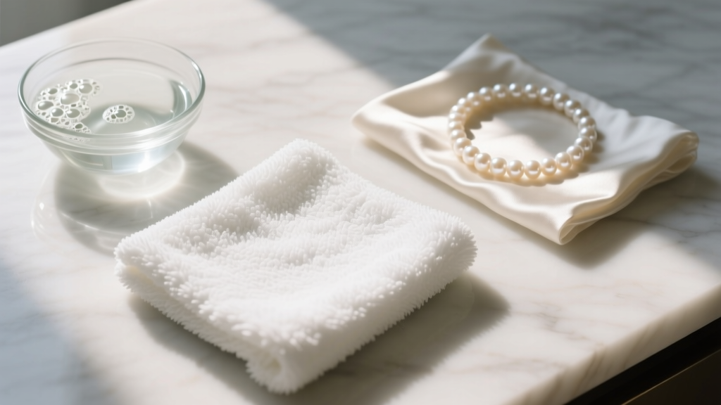 Overhead view of a cleaning setup with a soft microfiber cloth, mild soap, and a pearl necklace avoiding harsh chemical solutions