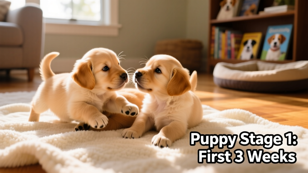 Three-week-old puppies playing together on a soft blanket