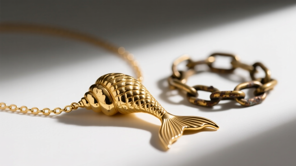 Macro shot of a gold vermeil mermaid shell necklace showing slight wear on ridges, placed next to a tarnished brass chain link.
