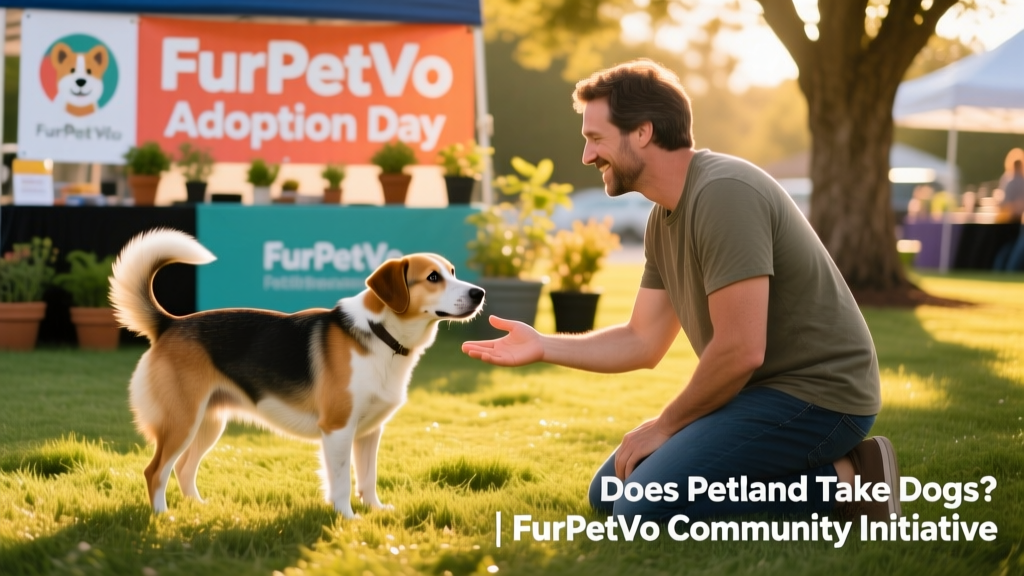 A friendly dog meeting a potential adopter at a community adoption event hosted by FurPetVo