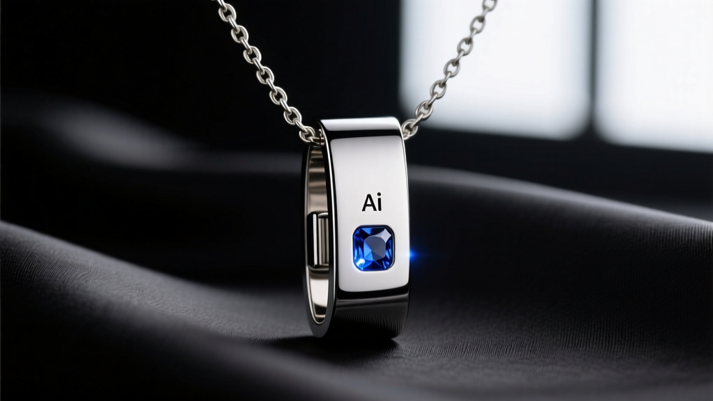 Macro shot of an AI pendant necklace clasp, highlighting Grade 5 titanium housing and a sapphire crystal privacy LED indicator.