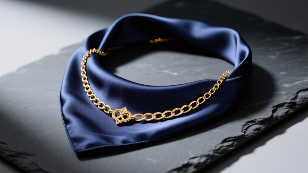 Flat lay of a luxury mulberry silk handkerchief necklace with gold vermeil chain hardware on dark slate with soft lighting