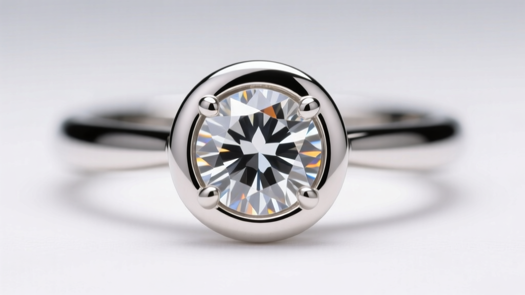 Macro shot of a platinum bezel necklace setting securing a round diamond, smooth metal rim visible under soft studio lighting.