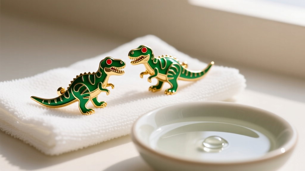 Colorful enamel T-Rex dinosaur stud earrings resting on a microfiber cleaning cloth next to a small bowl of mild soapy water