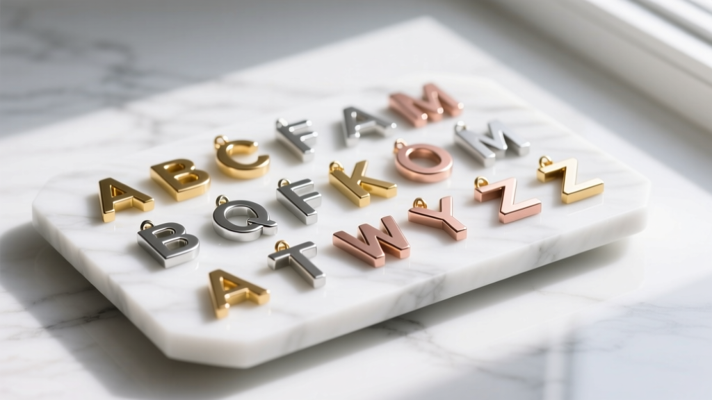 Flat lay of modular alphabet character charms in mixed metals arranged on a minimalist white marble tray under soft natural light.