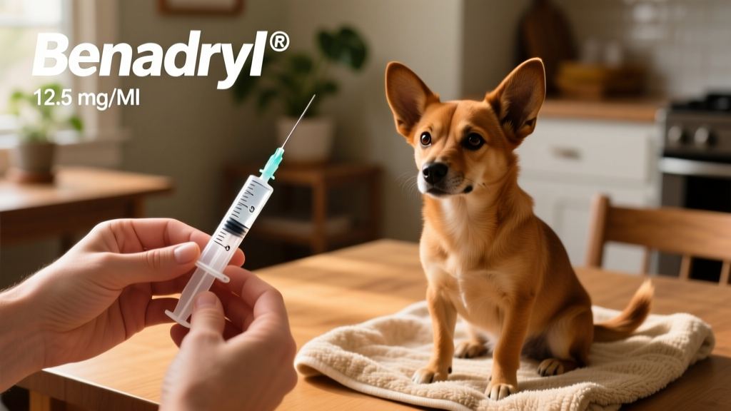Close-up of hands measuring liquid Benadryl® into a syringe next to a small dog sitting calmly on a towel