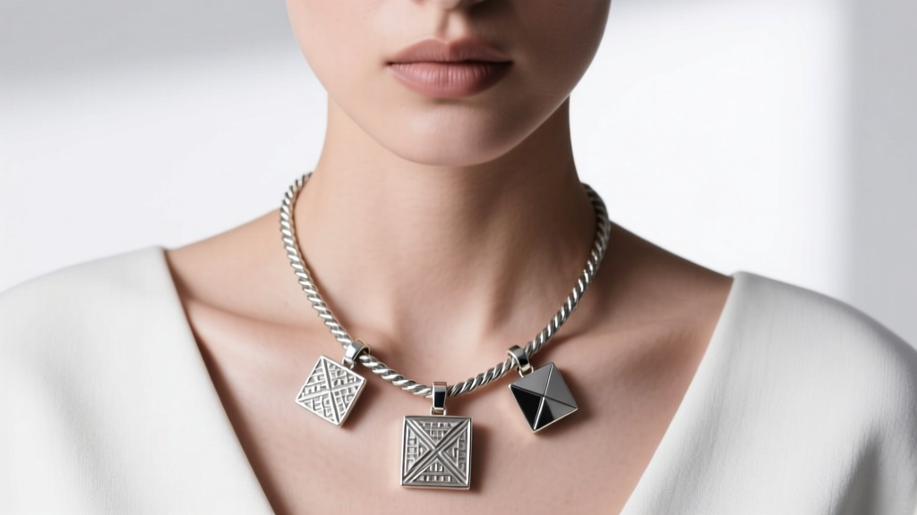Model wearing a 1.5mm rope chain necklace with three heavy solid silver charms, showcasing proper drape and weight distribution.