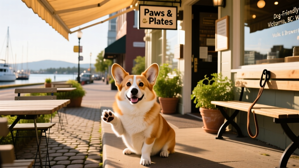 Corgi sitting happily outside a charming, sunlit dog-friendly restaurant patio in Victoria