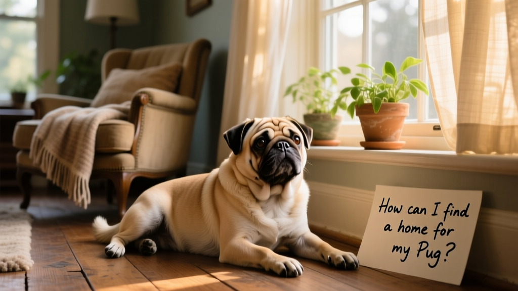 A relaxed Pug sitting beside a cozy living room window, bathed in soft natural light
