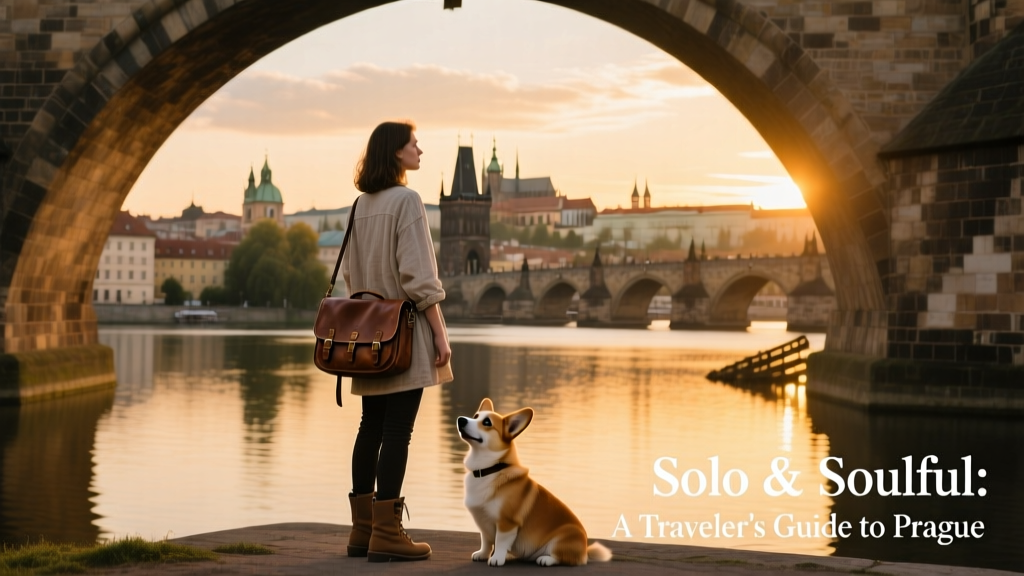 Charles Bridge at sunset, bathed in golden light with historic buildings lining the Vltava River