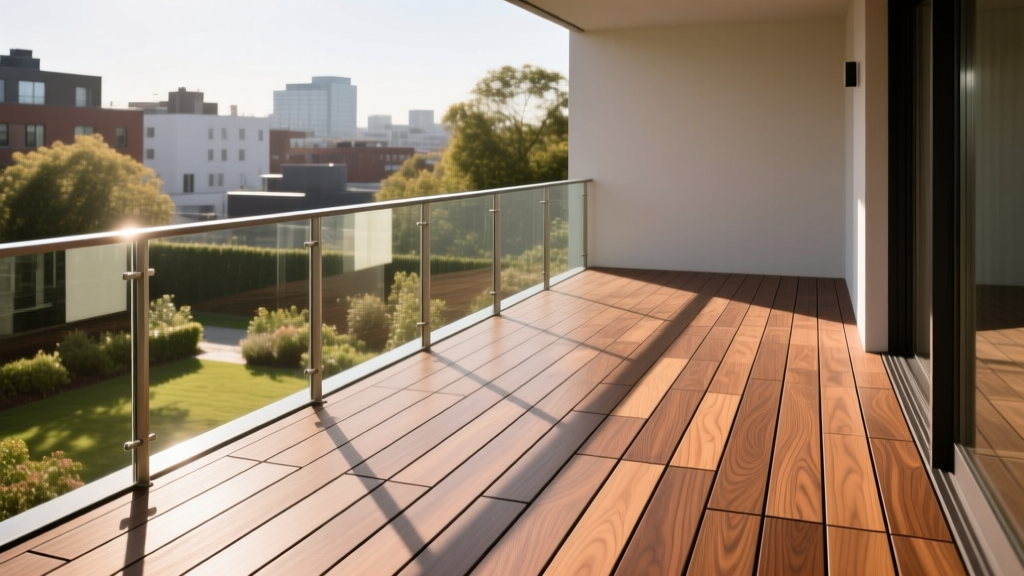 Interlocking powder-coated aluminum deck boards in a warm teak finish installed on a modern second-story balcony with glass railings.