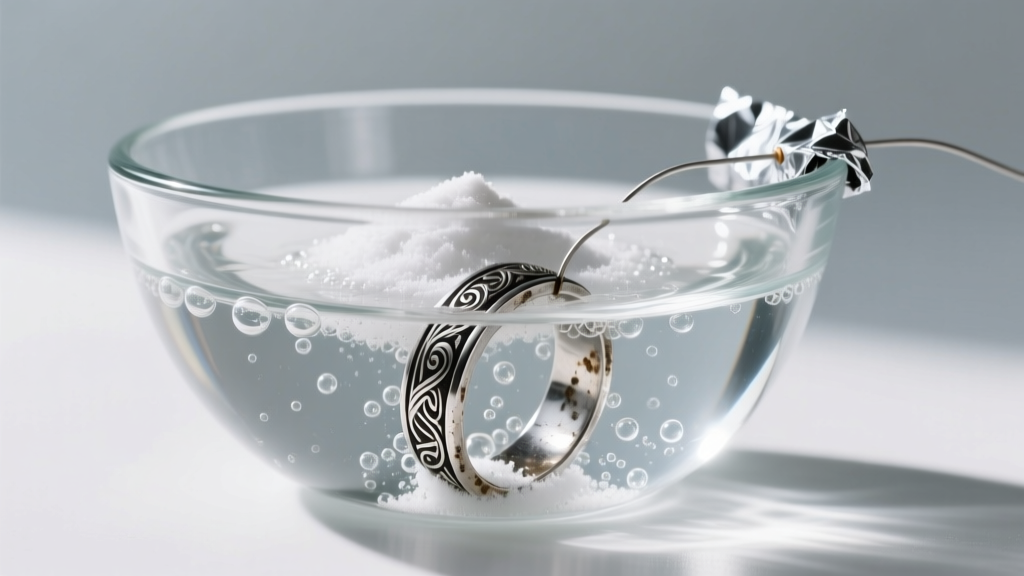 Glass bowl with foil, boiling water, and baking soda showing a tarnished sterling silver ring undergoing electrolytic cleaning