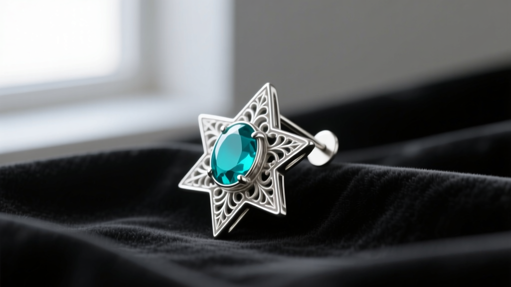 Side profile of an antique Aesthetic Period silver earring with star motif and turquoise cabochon, resting on dark velvet fabric.