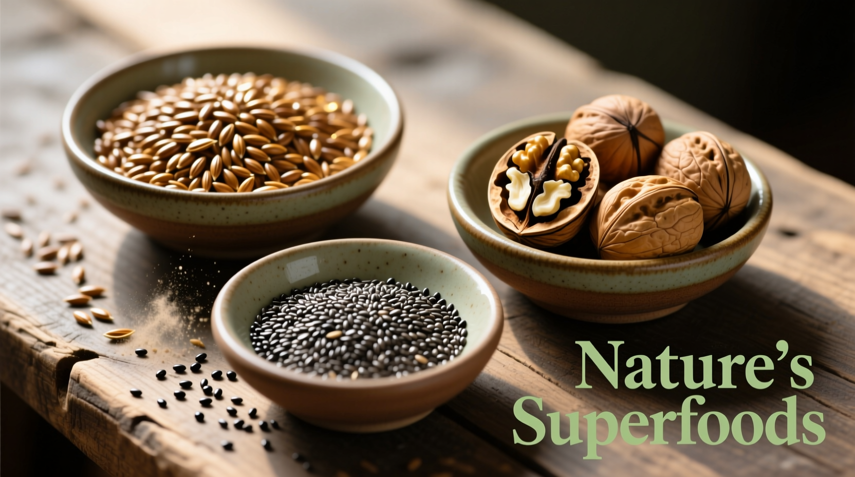 Flaxseeds, chia seeds, and walnuts arranged in bowls