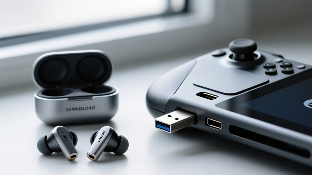 Macro photography of a Creative BT-W5 Bluetooth 5.4 LE Audio USB-C dongle plugged into a Steam Deck, with a pair of Sennheiser MTW3 earbuds resting beside it