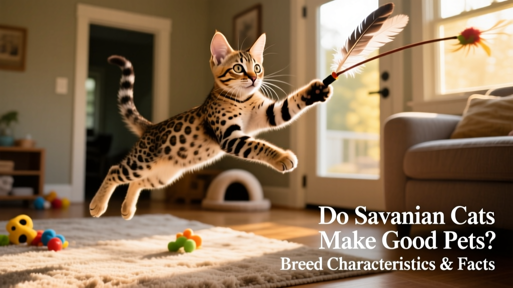 A playful Savannah kitten mid-leap, chasing a feather wand toy, highlighting its powerful hind legs and expressive eyes