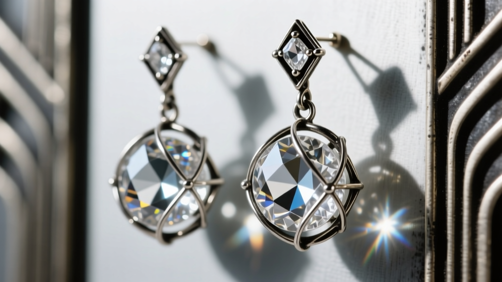 Close-up of vintage Art Deco pools of light earrings showing faceted rock crystal quartz spheres on oxidized sterling silver wire.