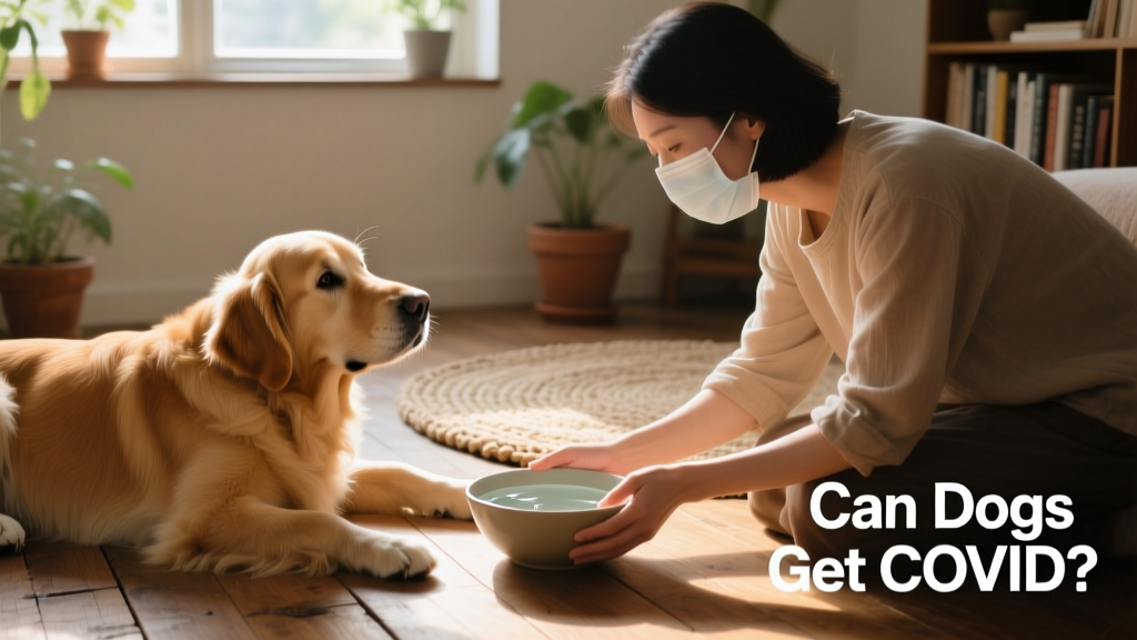 A person wearing a mask gently placing a bowl of water near a resting dog