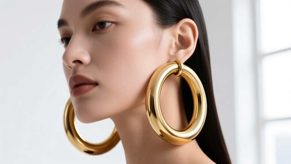 Model wearing 120mm hollow gold tubing hoop earrings, studio lighting, editorial style focusing on earlobe and scale