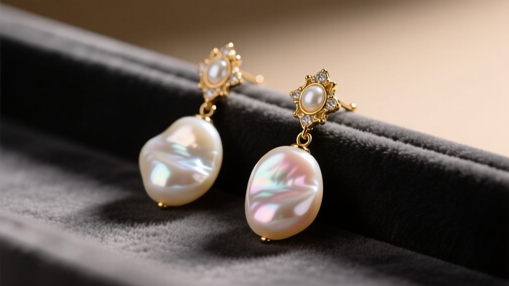 Close-up of handmade baroque pearl drop earrings resting on soft charcoal velvet, illuminated by warm directional studio lighting.