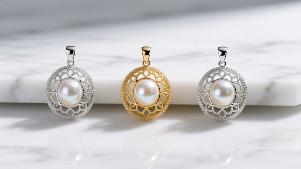 Sterling silver, gold-filled, and platinum pearl cage pendants displayed side-by-side under bright studio lighting on white marble