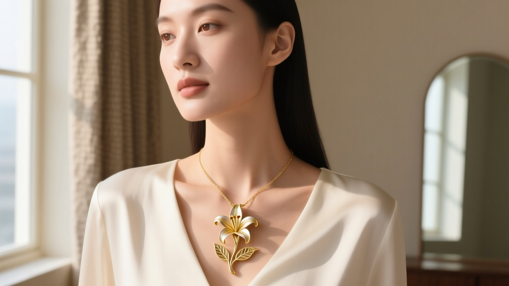 Woman wearing a delicate gold botanical lily pendant necklace resting on her collarbone under soft, natural window lighting