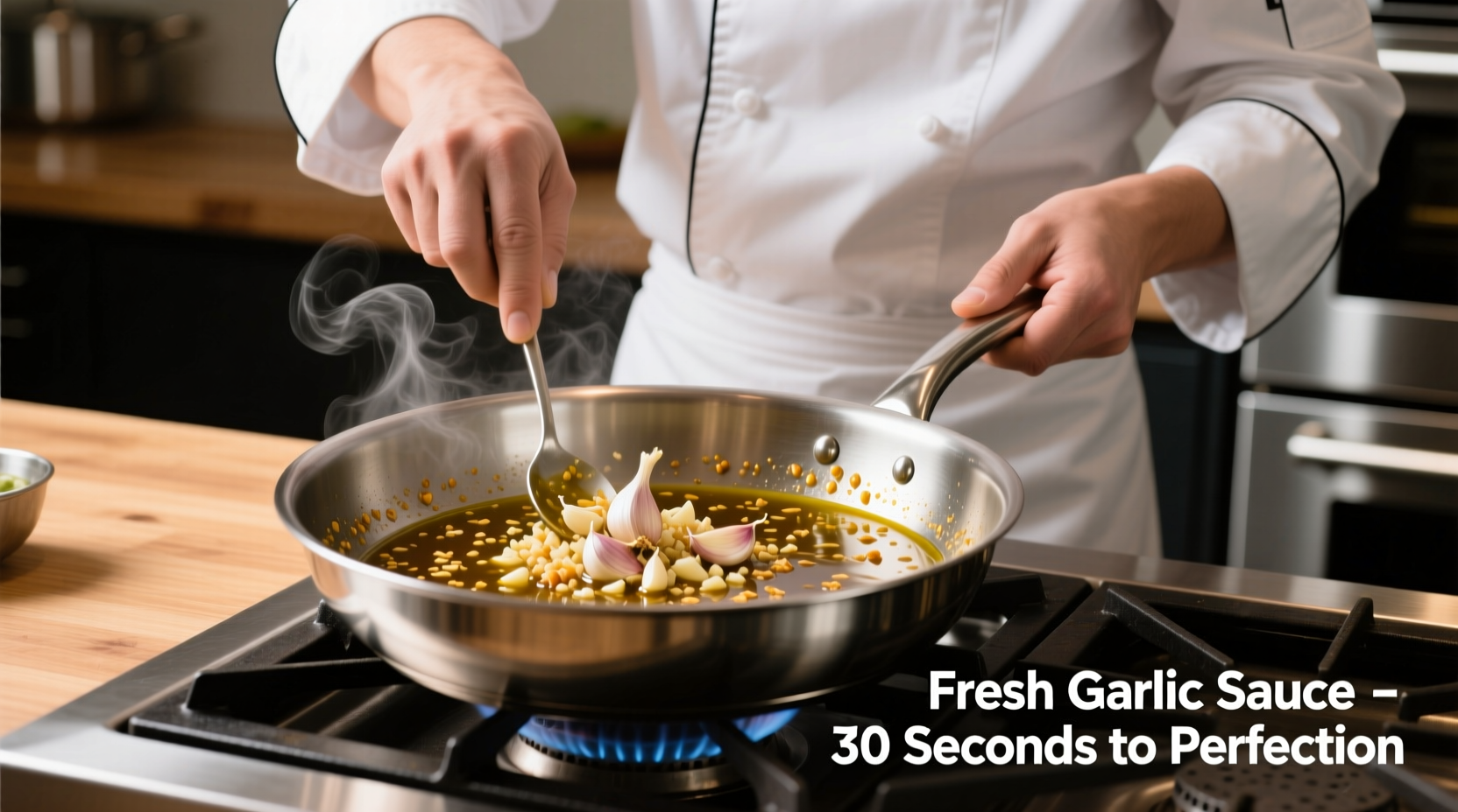 Chef preparing fresh garlic sauce in stainless steel pan