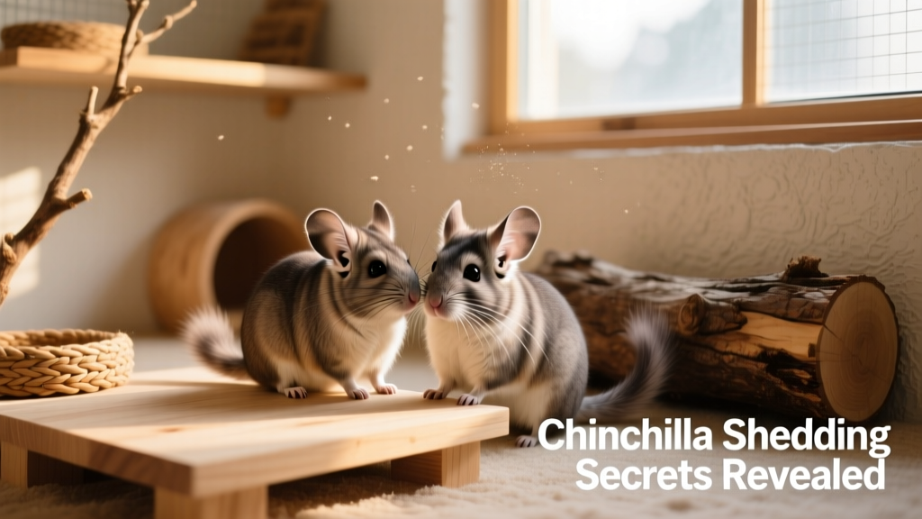 Two chinchillas interacting peacefully in a spacious, clean enclosure with natural wood accessories