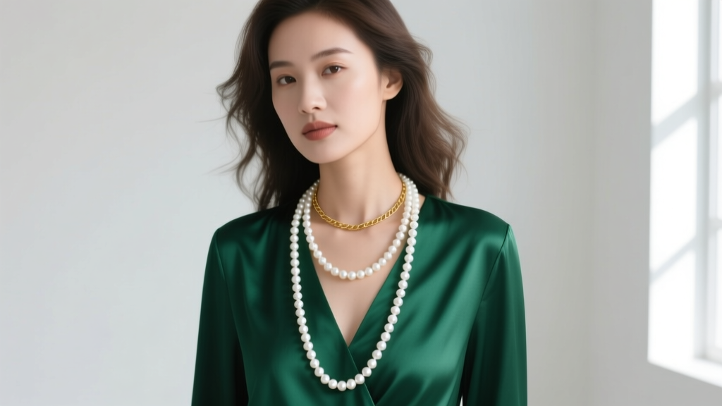 Woman in a deep V-neck silk blouse layering a 32-inch white freshwater pearl tie necklace over a delicate 18-inch gold chain