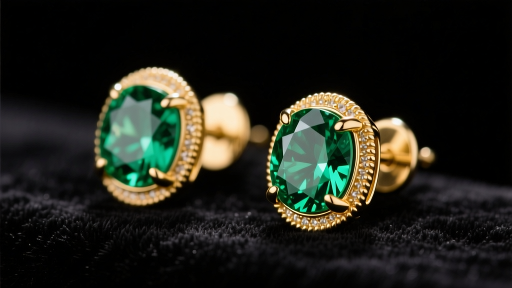 Macro photography of 14k yellow gold Effy emerald stud earrings on dark velvet, illuminated by soft directional studio lighting
