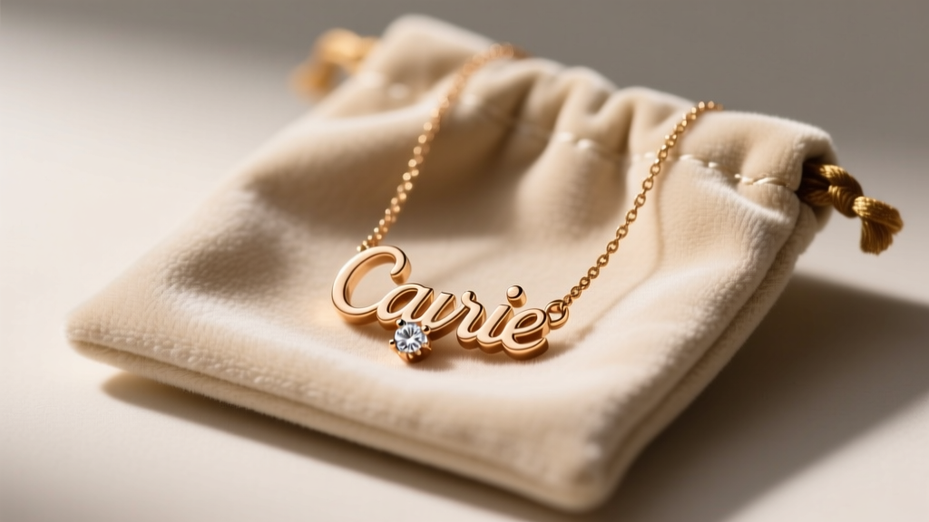A polished 18k rose gold Carrie name necklace with a diamond accent stored inside a soft anti-tarnish microfiber jewelry pouch