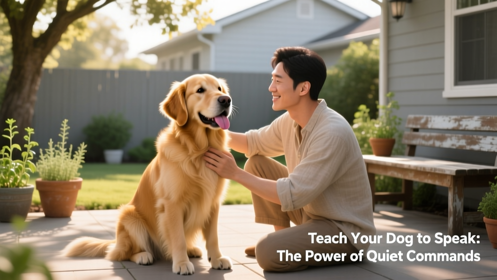 Dog sitting calmly beside their owner, tongue out and relaxed, after successfully responding to a 'quiet' command
