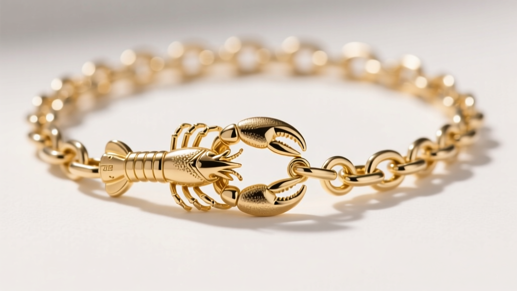 Macro shot of a gold vermeil sterling silver chain highlighting the detailed lobster clasp and small adjustable extender links.