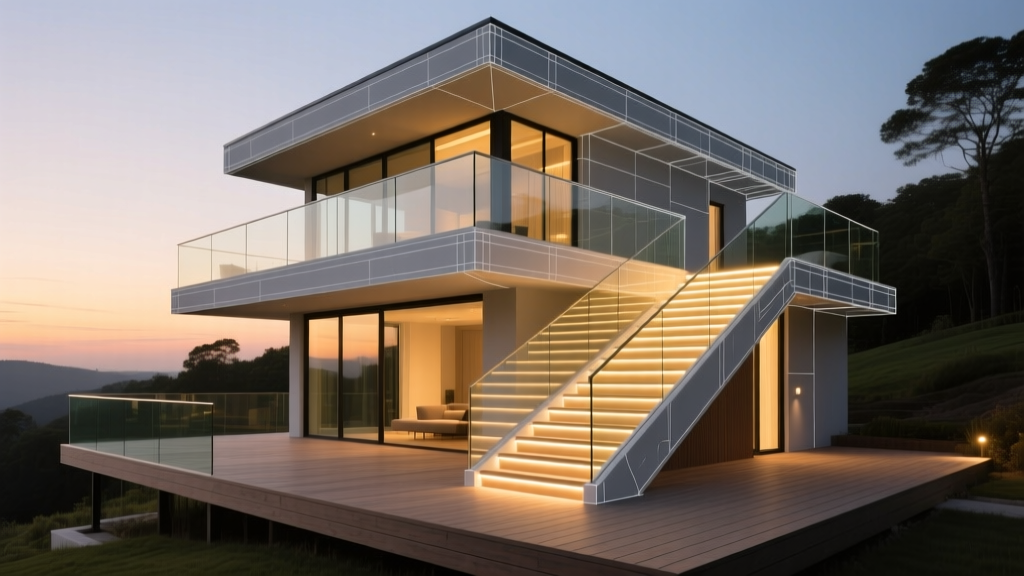 Blueprint overlaying a modern multi-level composite deck with glass railings and integrated LED stair lighting at dusk