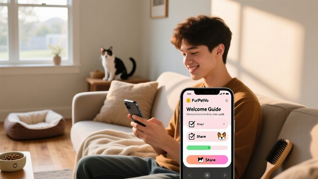 Person scrolling through FurPetVo app on smartphone, showing Welcome Guide interface
