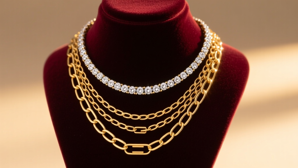 Elegant display of a layered 14k gold paperclip chain and a diamond tennis necklace on a velvet bust under warm studio lighting