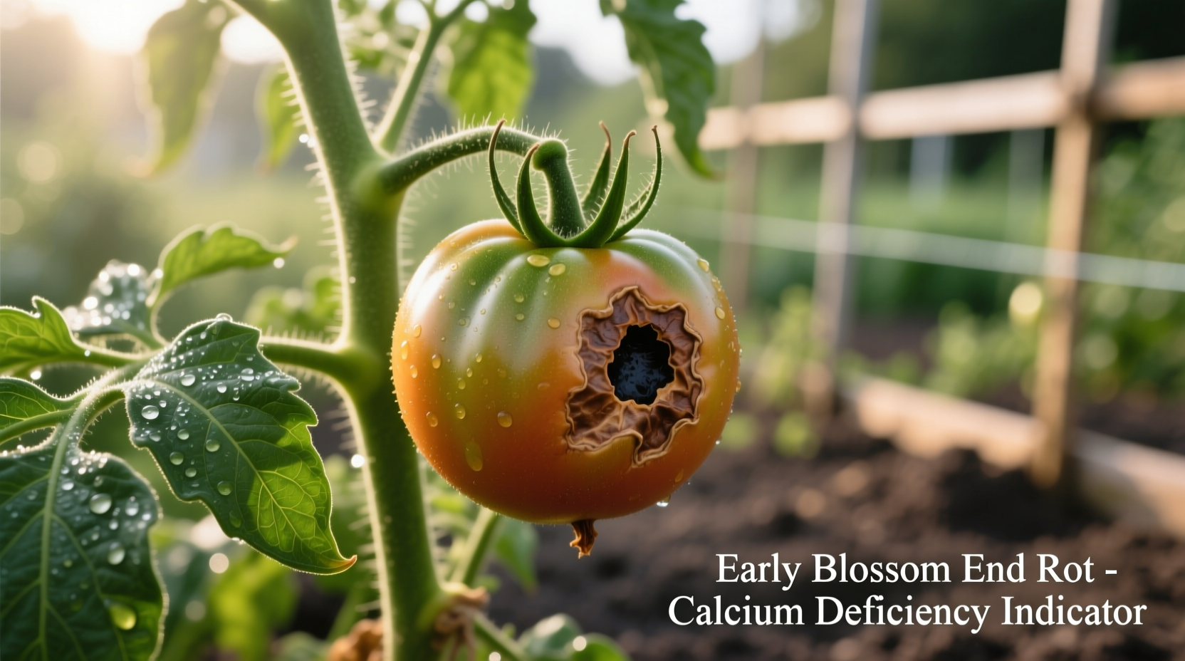 Tomato plant showing early blossom end rot symptoms