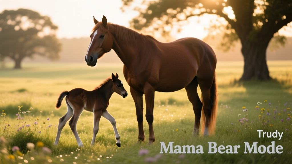Trudy the mare standing protectively beside her tiny, wobbly foal in a sunlit pasture
