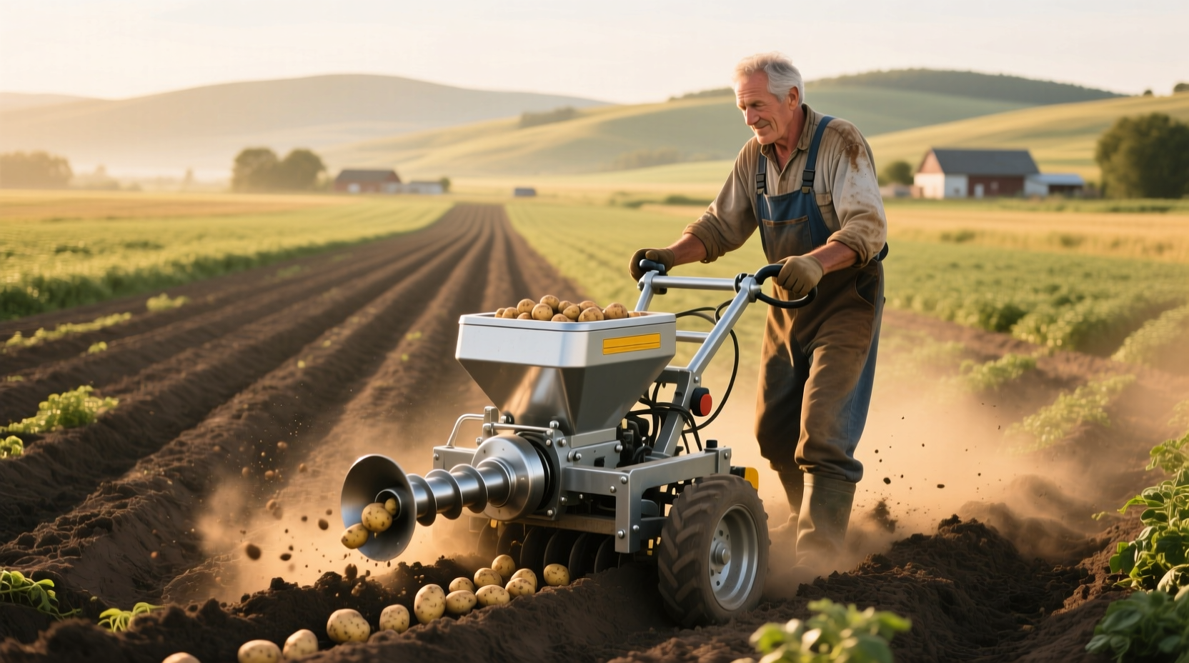 Farmer using mechanical potato planter in field