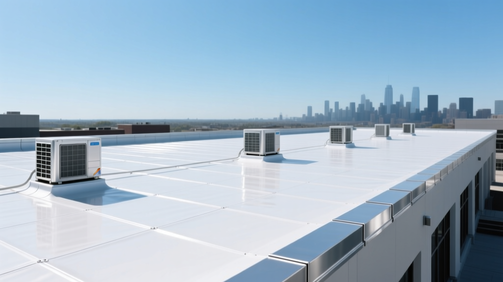 Commercial rooftop featuring a seamless white TPO membrane roof with silver metal edge flashing and HVAC units under a clear blue sky