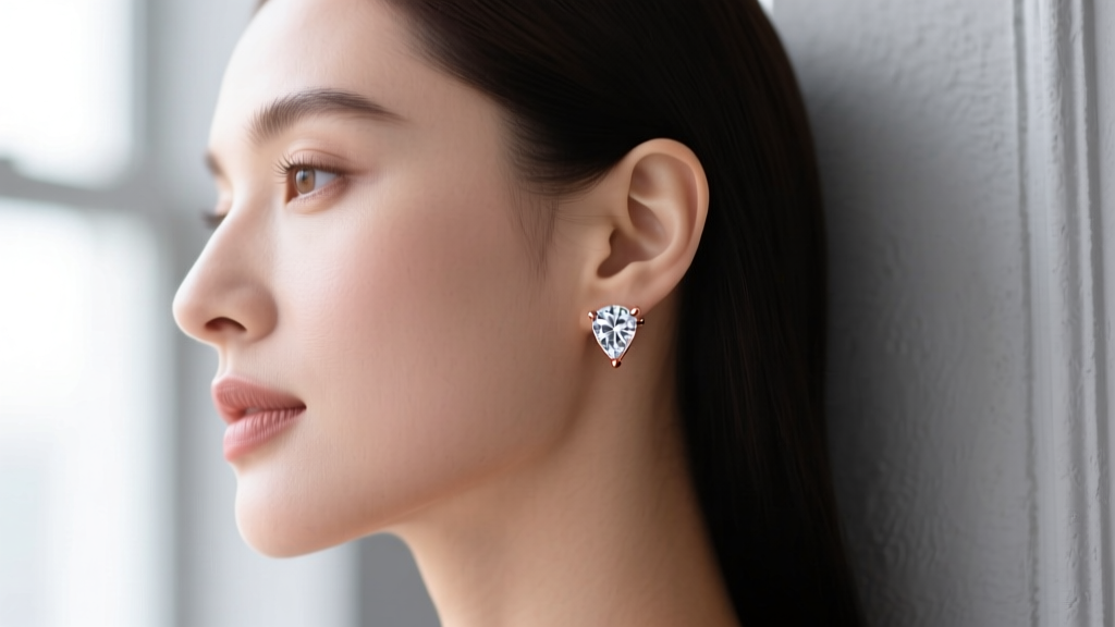 Side profile of a woman wearing 1.5 carat diamond martini stud earrings in 14k rose gold, highlighting the post and earlobe fit.