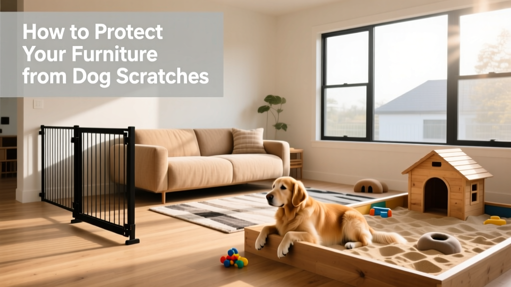 A living room with dog gates, a covered sofa, and a sandbox corner
