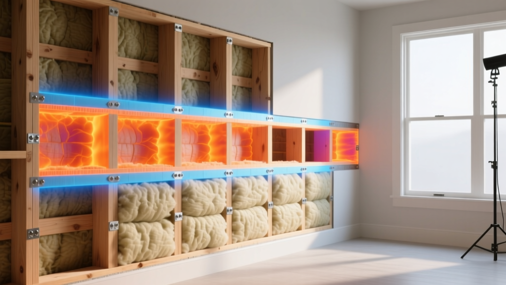 Wall cross-section showing fiberglass batts between wood studs with thermal imaging overlay highlighting edge heat loss