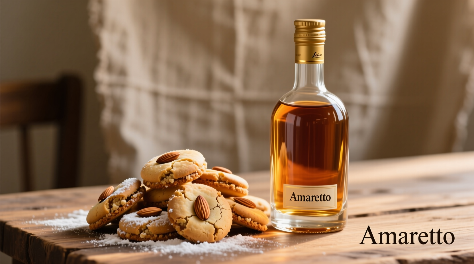 Amaretto liqueur bottle next to almond cookies