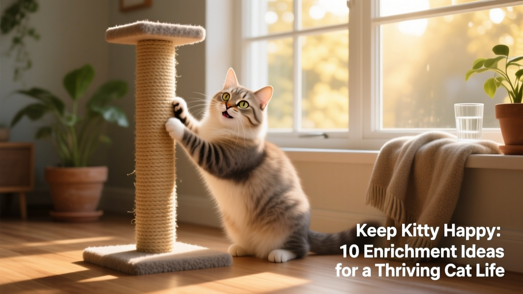 Cat happily scratching on a vertical post beside a sunlit window