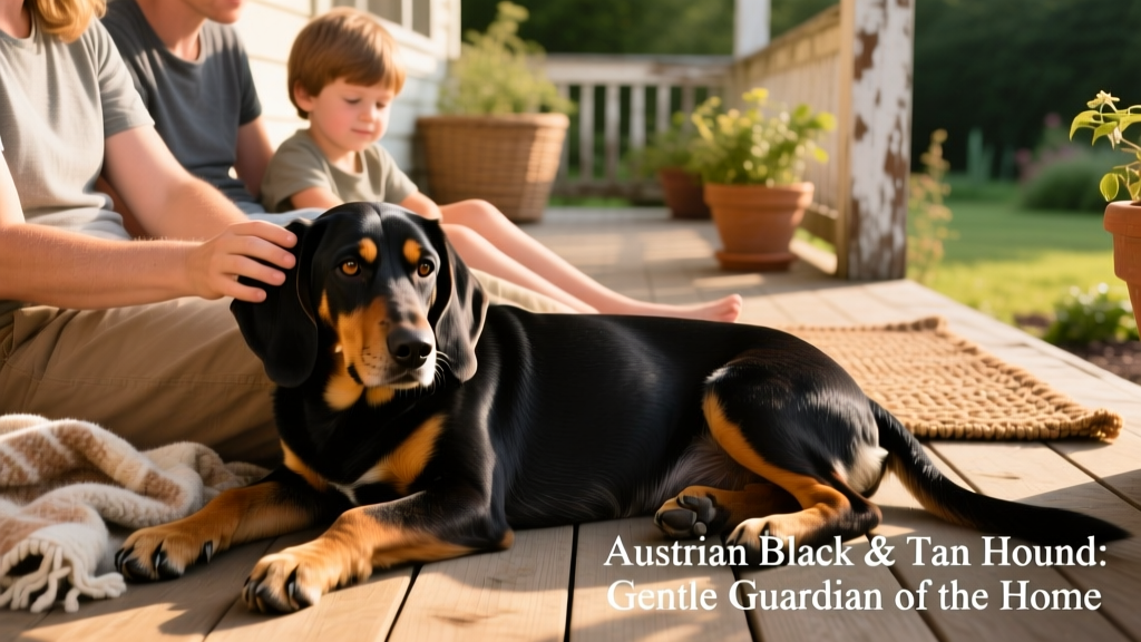 A relaxed Austrian Black & Tan Hound resting beside a family on a sunlit porch, illustrating its calm, affectionate side at home