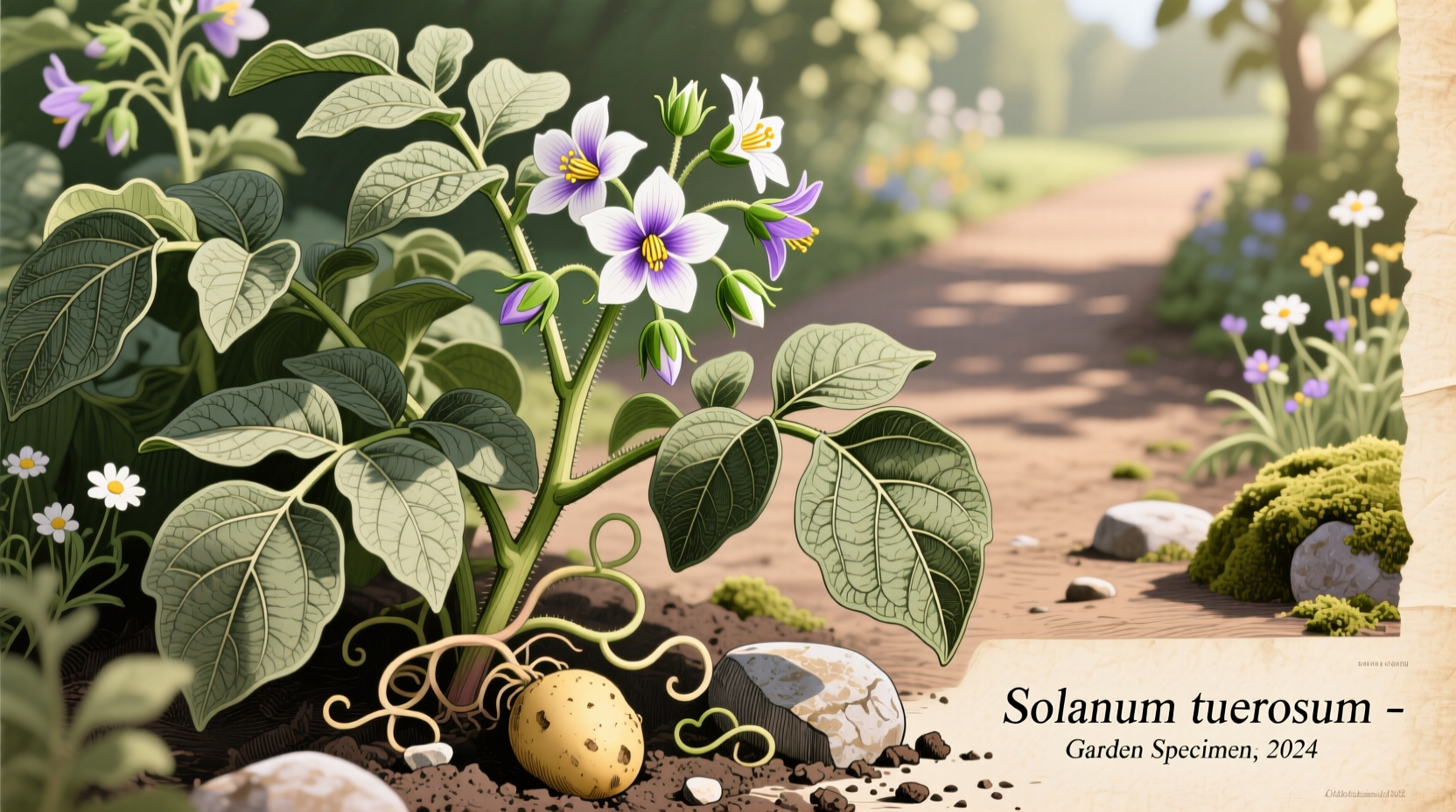 Potato plant showing leaves and flowers in garden