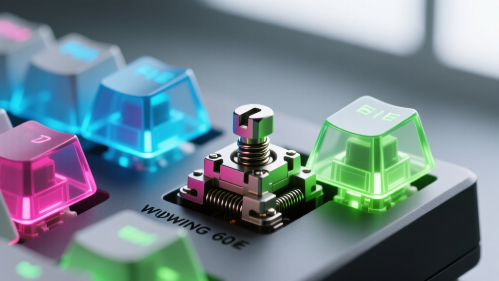 Close-up macro shot of Wooting 60HE Hall Effect keyboard switches with RGB lighting glowing through translucent keycaps