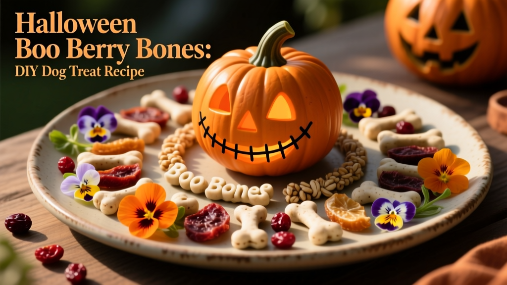 A festive Halloween-themed serving tray with Boo Berry Bones arranged around a small jack-o’-lantern, garnished with edible flowers and dried cranberries